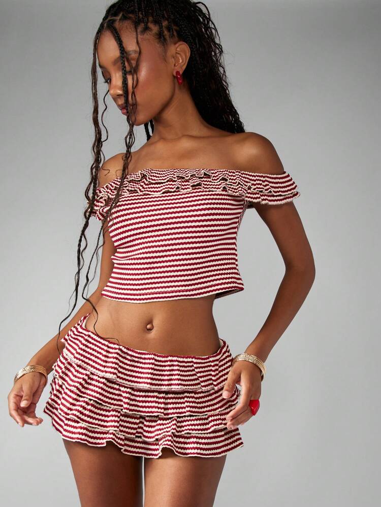 MISSGUIDED Off Shoulder Ruffle Hem Two Piece Festival Beach Summer Mini Co Ord Short Set With Smocked Pattern Boho Crop Top And Mini Skirt