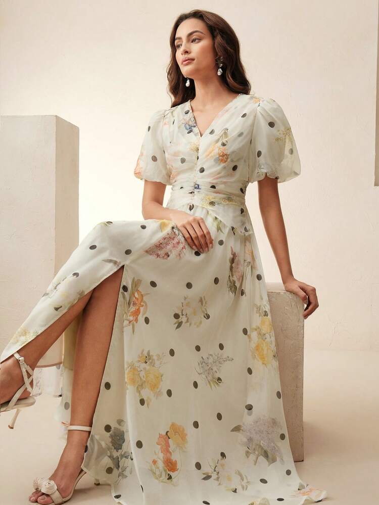 Women's Elegant Polka Dot Ruffled Sleeve Slimming Long Dress