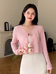 DAZY 纯色系带前短款上衣 长袖 女式上衣 - 粉色 - 查看 5