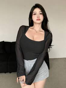 Dazy Designer Damen Mesh Kontrast Design Carree Ausschnitt Langarm T-Shirt für Ausgehen Oberteile Sommer