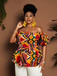 Maweii Plus Size Dropped Shoulder Puff Sleeve Shirt, African Floral Print Summer Fashion Party Wear For Women - Multicolor - View 2