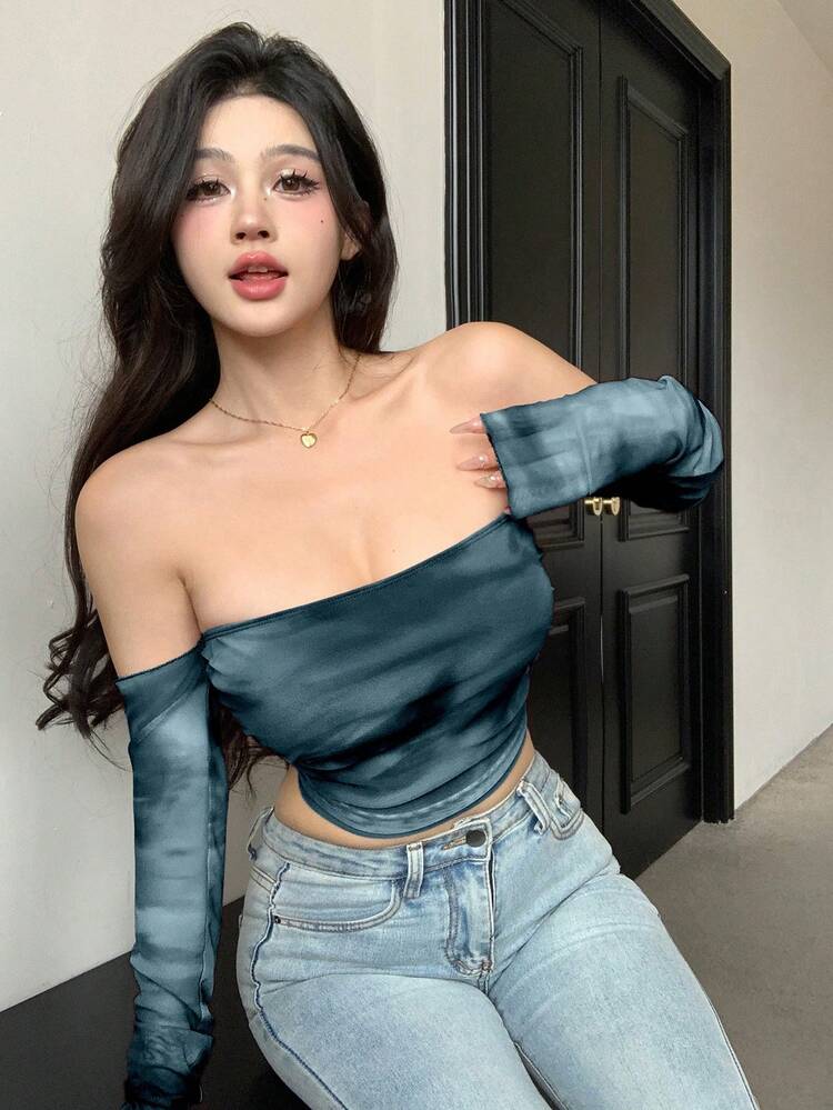 Tie Dye Mesh Cropped Off Shoulder Long Sleeve Women's Top Going Out Tops Summer