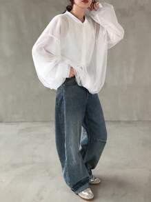 FRIFUL 女士常规款飞行员夹克，网纱透视落肩设计，宽松版型，弹性下摆，女式外套 - 白色 - 查看 2