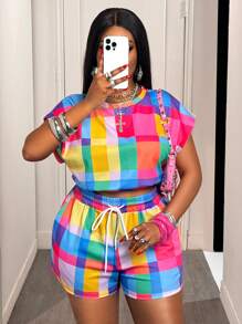 Slaydiva Set de 2 piezas de camiseta corta de cuello redondo y pantalones cortos con estampado a cuadros colorido y textura para mujer talla grande, para primavera/verano, uso casual y deportivo. Conjunto de 2 piezas multicolor para mujer talla grande, ideal para el verano. - Multicolor - Ver 6