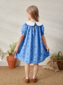 Blossori Young Girls' French Elegant Apricot Collar Embroidered Puff Sleeve Dress, Spring/Summer - Blue - View 2
