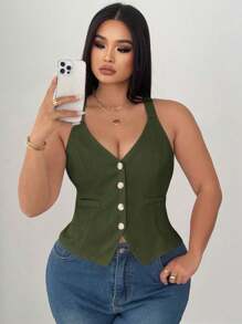 Elenzga Blusa de unicolor con tirantes para estilizar la cintura para mujeres de talla grande - Verde militar - Ver 2