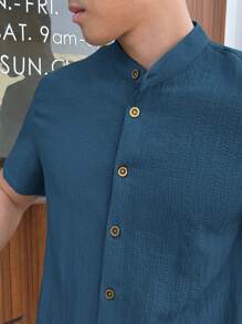 Manfinity VCAY 男士休闲梭织立领长袖衬衫男士蓝色衬衫青色男士衬衫男士休闲衬衫男士夏季衬衫男士立领衬衫蓝色男士衬衫男士短袖衬衫 - 藍色 - 查看 4