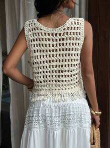 SHEIN EZwear New Women's Light Hand-Crocheted Cardigan, Apricot Color, Suitable For Seaside Vacation, Comfortable And Versatile Summer Fashion Items