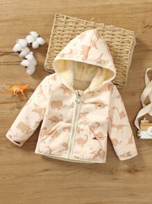 小男孩和婴儿泰迪熊衬里毛绒绒夹克全拉链极地冬季保暖外套带口袋连帽外套