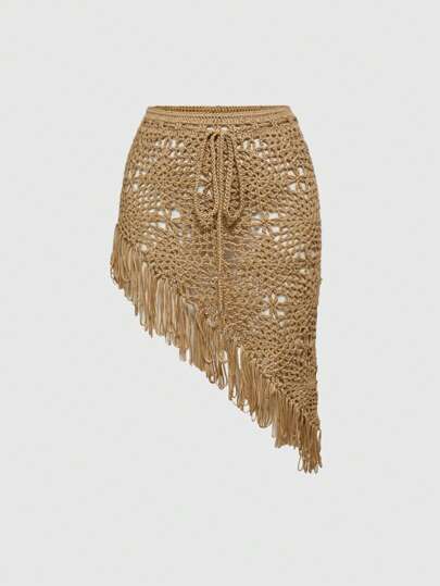 Hippie Women's Retro Bohemian Vacation Beach Crochet Tassel A-Line Skirt