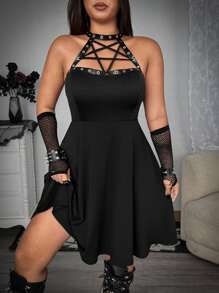 Whyspr Vestido de verano casual de talla grande con unicolor y ojetes metálicos calados