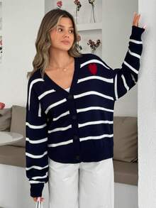 EURMUSE Nautical Romance Striped Knit Cardigan – Navy Blue V-Neck With Classic White Stripes And Red Heart Accent For A Playful Chic Look,Long Cardigans Woman,Petite Cardigans,Cardigans - Navy Blue - View 2