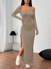 INAWLY Sexy Red Off-Shoulder High Split Maxi Dress - Khaki - View 3