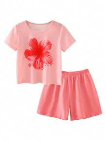 2 件套年轻女孩优雅花卉印花短袖 T 恤上衣和短裤套装，休闲舒适女孩夏季套装夏装套装青少年夏季服装套装女孩夏季服装女孩夏季服装花朵套装夏季服装儿童女孩夏季服装女孩度假服装青少年服装套装 - 粉色 - 查看 6