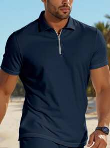 Manfinity Dauomo 男士 1 套纯色半拉链短袖 Polo 衫和口袋短裤套装