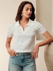 Anewsta Elegant & Dignified V-Neck Floral Hollow-Out Embroidery Knitted T-Shirt Blouse, Spring & Summer - White - View 5