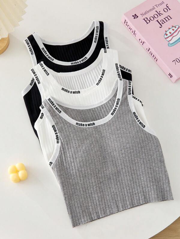 3pcs/Set Tween GirlsRibbed Letter Design Padded Camisole Tops, Basic Style For Casual Wear Girls Tops Summer