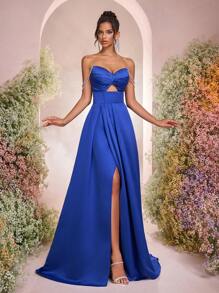Glamrae Elegante e lussuoso abito blu navy in raso arricciato sul décolleté, spalle scoperte, scollo a V, schiena aperta con spacco e orlo alto-basso, adatto per appuntamenti, feste per single, cerimonie di laurea, occasioni formali, banchetti - Blu reale - Visualizzare 6
