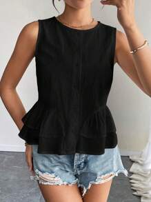 SHEIN Raffinéa Sleeveless Cotton Solid Color Crew Neck Shirt With Ruffle Hem - Black - View 3