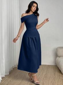 Modelyn 2pcs Set Solid Color Asymmetric Collar Blouse And Skirt - Navy Blue - View 5