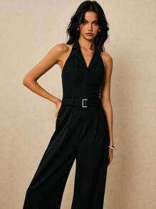 Poéselle 女士纯色露背吊带连体裤，通勤风格 - 黑色 - 查看 3