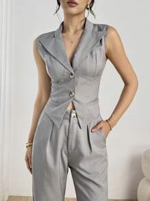 Modelyn 2pcs/Set Women Short Waist Fitted Vest With Lapel Collar And Pants - Grey - View 3