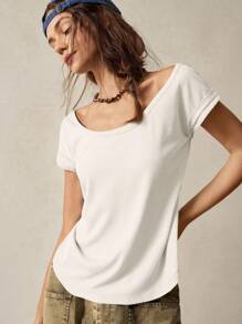 Bohemela Áo thun cổ tròn tay ngắn dệt kim màu trơn cho nữ, giải trí & nghỉ dưỡng - trắng - Xem 4