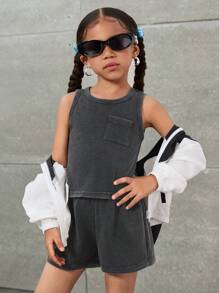 2pcs/Set Young Girl Knit Plain Crew Neck Tank Top And Shorts Set - Black - View 5