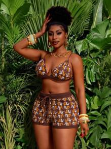 Veslaya Plus Size Women Full Print Sleeveless Knitted Tank Top And Woolly Shorts Sexy 2 Pieces Set - Multicolor - View 8