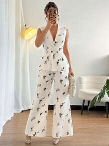 Rafferiza ChicEase 女士数码印花无袖宽松阔腿裤和西装外套套装，休闲工作装 - 杏色 - 查看 4