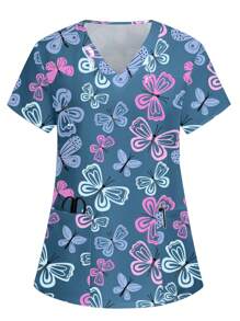 PopScrub Top de uniforme de enfermería con estampado de mariposa colorido y lindo - Multicolor - Ver 4