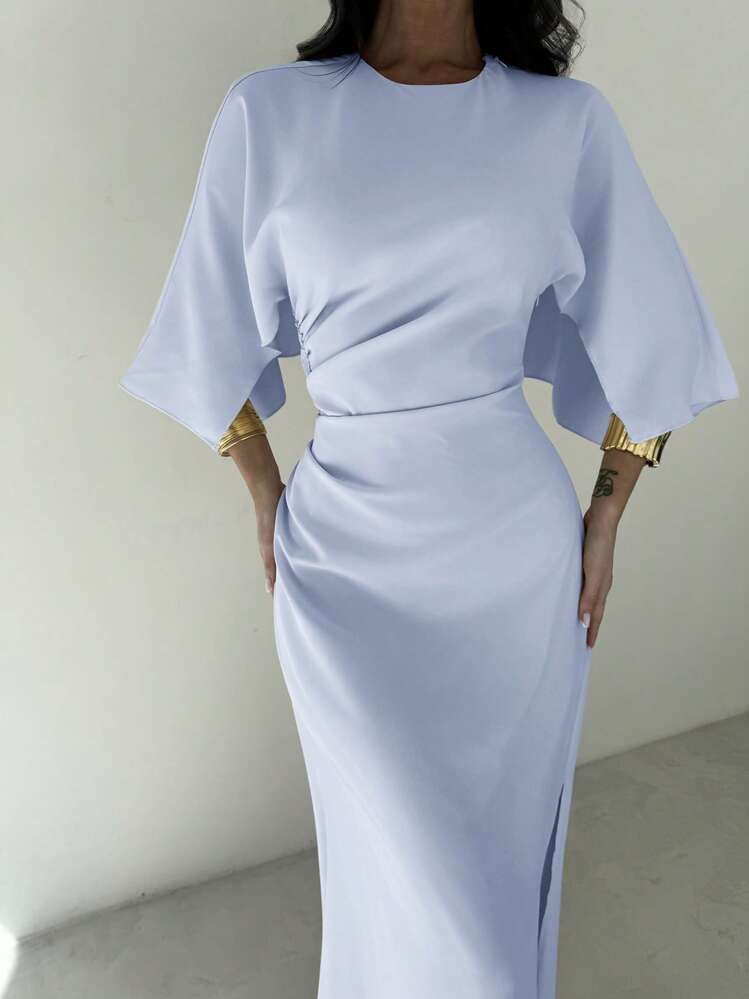 Firerie Robe de soirée élégante jaune pour les fêtes d'été, robe de cérémonie formelle pour la remise des diplômes, les cérémonies de remise de prix, sans manches avec des plis à la taille, fente à l'ourlet, longueur jusqu'aux pieds - Bleu azur - Voir 8