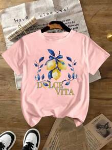 3pcs Set Women Casual Short Sleeve T-Shirts With Amalfi Coast, Fruit, Lemon, Strawberry Vivid Graphic Prints, & Suitable For Holiday Wear