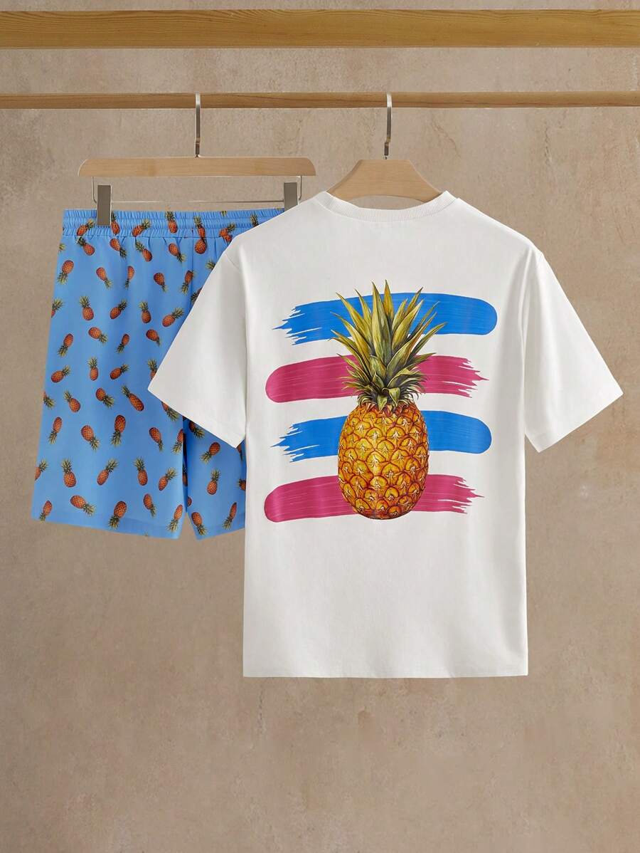 Manfinity NXTstreet 2 件套男士休闲菠萝印花宽松落肩 T 恤和短裤套装，适合日常穿着 - 彩色 - 查看 1