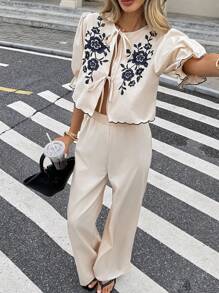 Serisse 2pcs Women Floral Embroidery Twist Front Top And Pants Set Summer Casual - Apricot - View 3