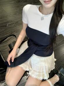 DAZY 女式夏季设计撞色拼接二合一系带短袖修身T恤，适合休闲街头穿着 - 彩色 - 查看 6