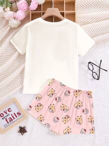 SHEIN Cream White & Cream Pink, Cute Capybara Cake Graphic, Pajama Party Tween Girl Casual Minimalist Crew Neck Short Sleeve T-Shirt And Shorts Loungewear Set, Suitable For Summer - Multicolor - View 2