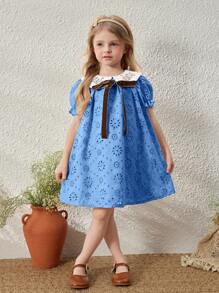 Blossori Young Girls' French Elegant Apricot Collar Embroidered Puff Sleeve Dress, Spring/Summer - Blue - View 1