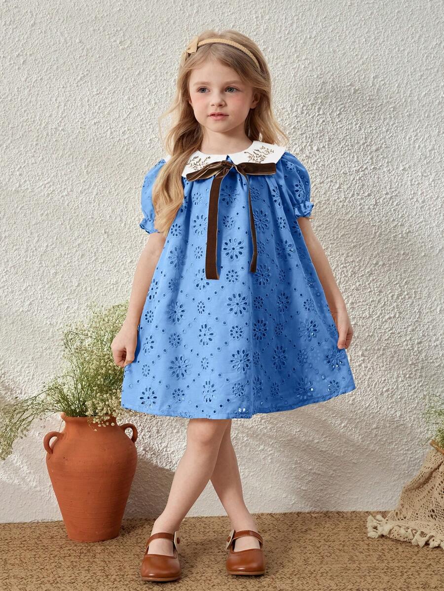 Blossori Young Girls' French Elegant Apricot Collar Embroidered Puff Sleeve Dress, Spring/Summer - Blue - View 1