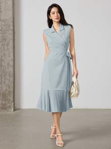 Heiryn 女士纯色褶裥交叉系带无袖中长连衣裙 - 藍色 - 查看 3