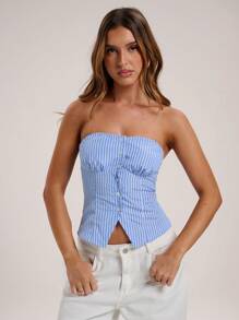 SHEIN BAE Summer Casual Commuting Sky Blue Striped Front Button Tube Top Hot Girl Tops, Sexy Tops, Holiday Tops - Multicolor - View 3