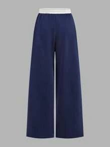 SHEIN 青少年女孩炫酷运动纯色短袖T恤和直筒运动裤套装 - 藏蓝色 - 查看 9