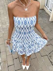 SHEIN Frenchy Conjunto de ropa de calle de verano para mujer - Vestido de tirantes casual y elegante con bordado y cintura baja con fruncido, perfecto para la playa, citas y cumpleaños - Nueva llegada 2025 para verano y otoño - Azul y blanco - Ver 4