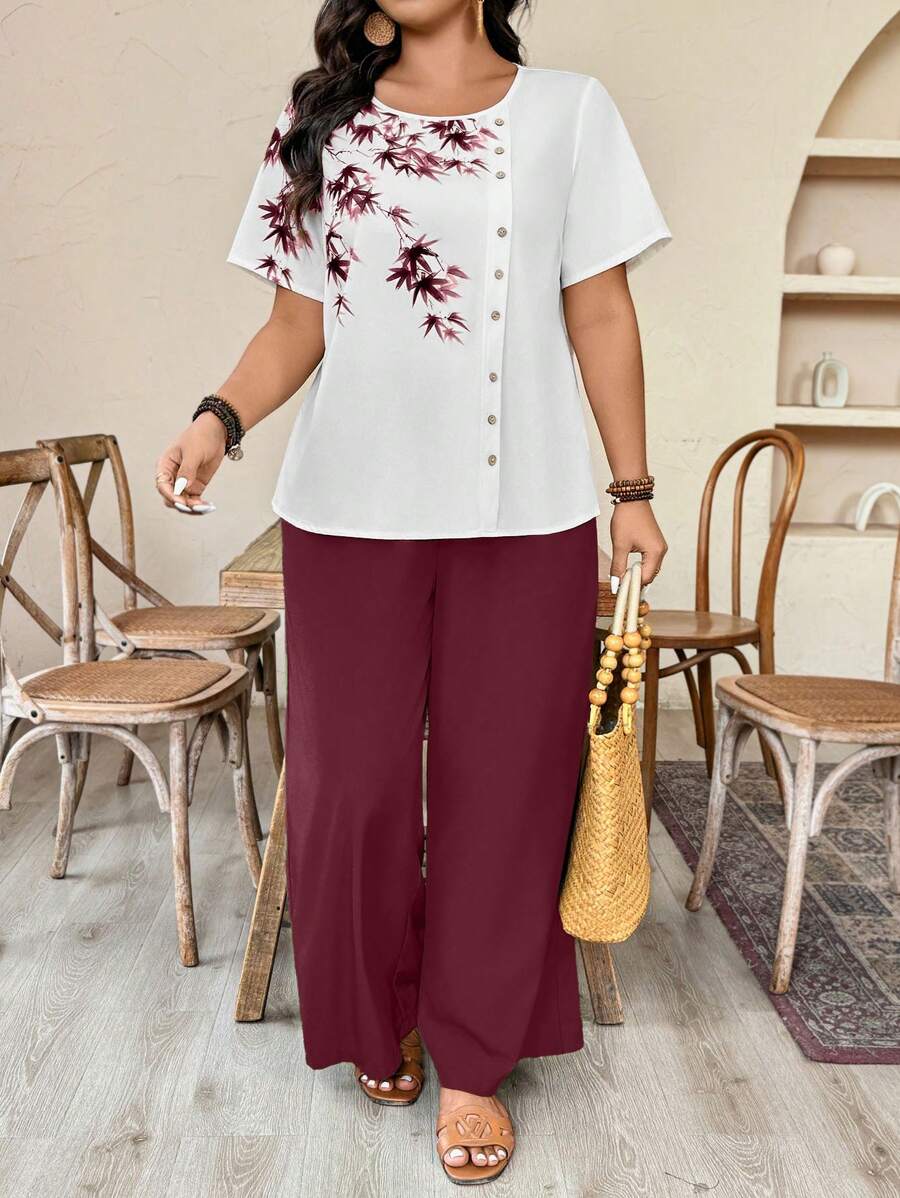 EMERY ROSE 2025 Neue Ankunft Rundhalskasual Zweiteiler mit Pflanzen Grafik, asymmetrischer Knopfleiste, locker geschnittem Große Größen Design für Damen