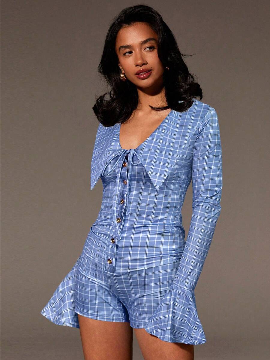 Athîral Women's Plaid Print Knotted Fitted Elegant Long Sleeve Jumpsuit - Blue - View 1