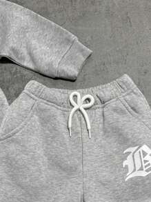 秋季年轻男孩字母印花长袖休闲运动衫和裤子宽松套装 - 灰色 - 查看 4