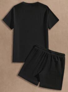 HIMLAND Nam màu trơn Textured Đan Giải trí Ngắn tay Áo thun Và Bộ quần short - màu đen - Xem 2