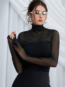 DAZY 高领网眼上衣透明长袖女式上衣，秋季女装 - 黑色 - 查看 8