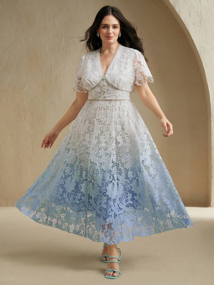 Anewsta Women Plus Size V-Neck Rhinestone Decor Ombre Color Flared Dress