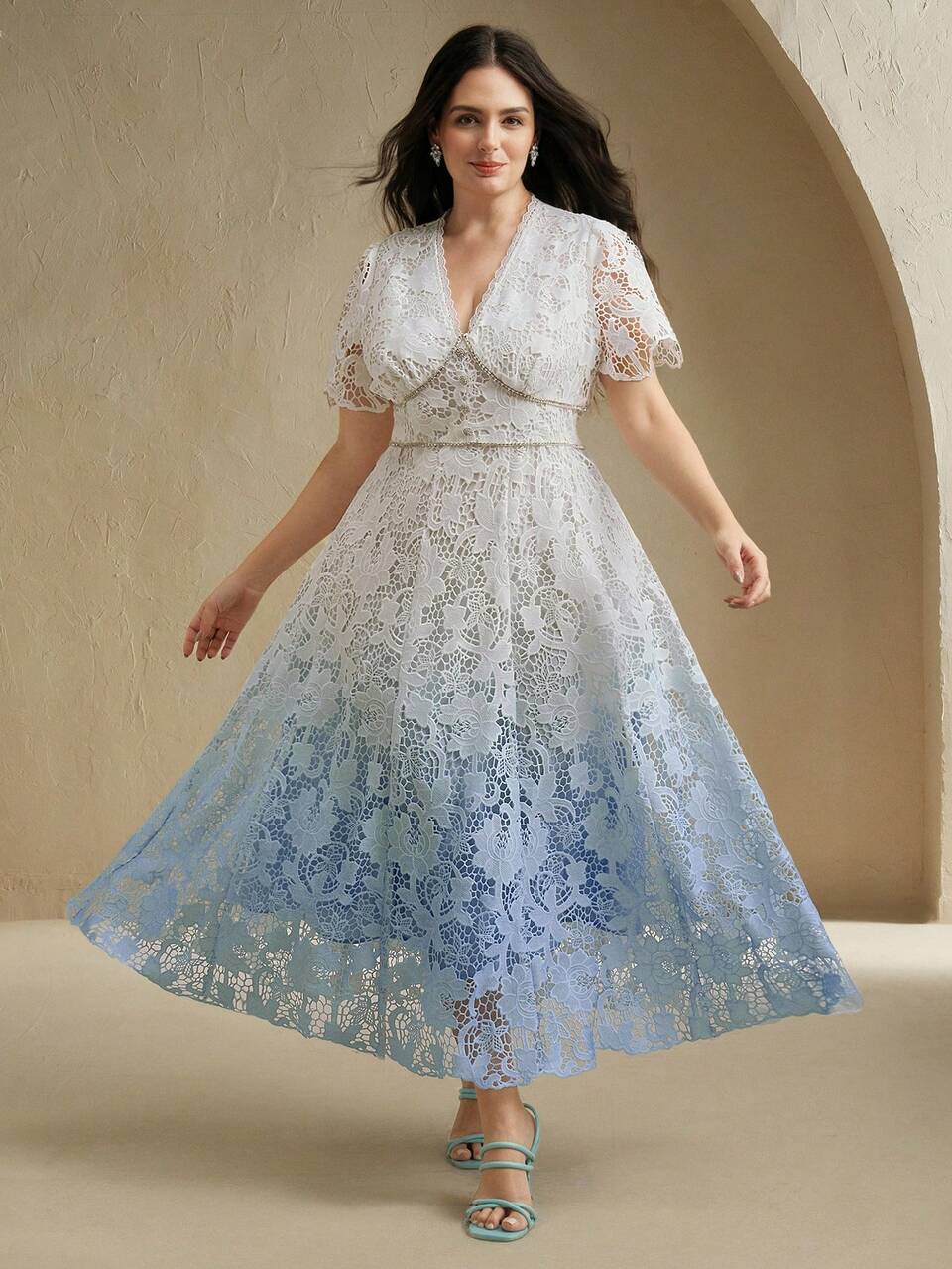 Anewsta Women Plus Size V-Neck Rhinestone Decor Ombre Color Flared Dress